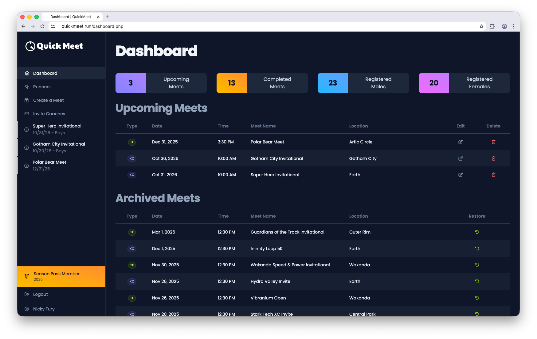 Screenshot showing QuickMeet dashboard