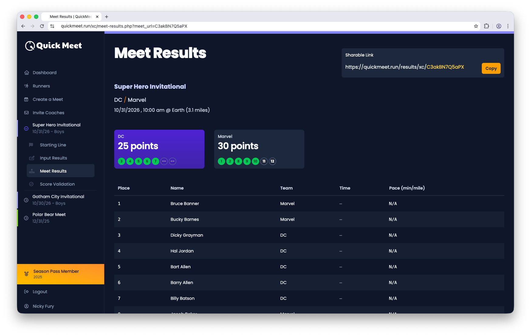 Screenshot showing instant meet results