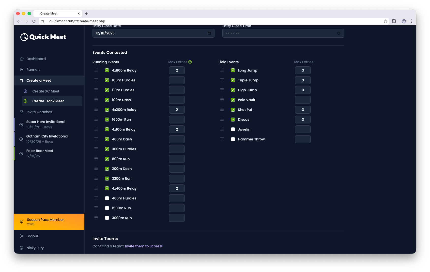 Screenshot showing event selection interface