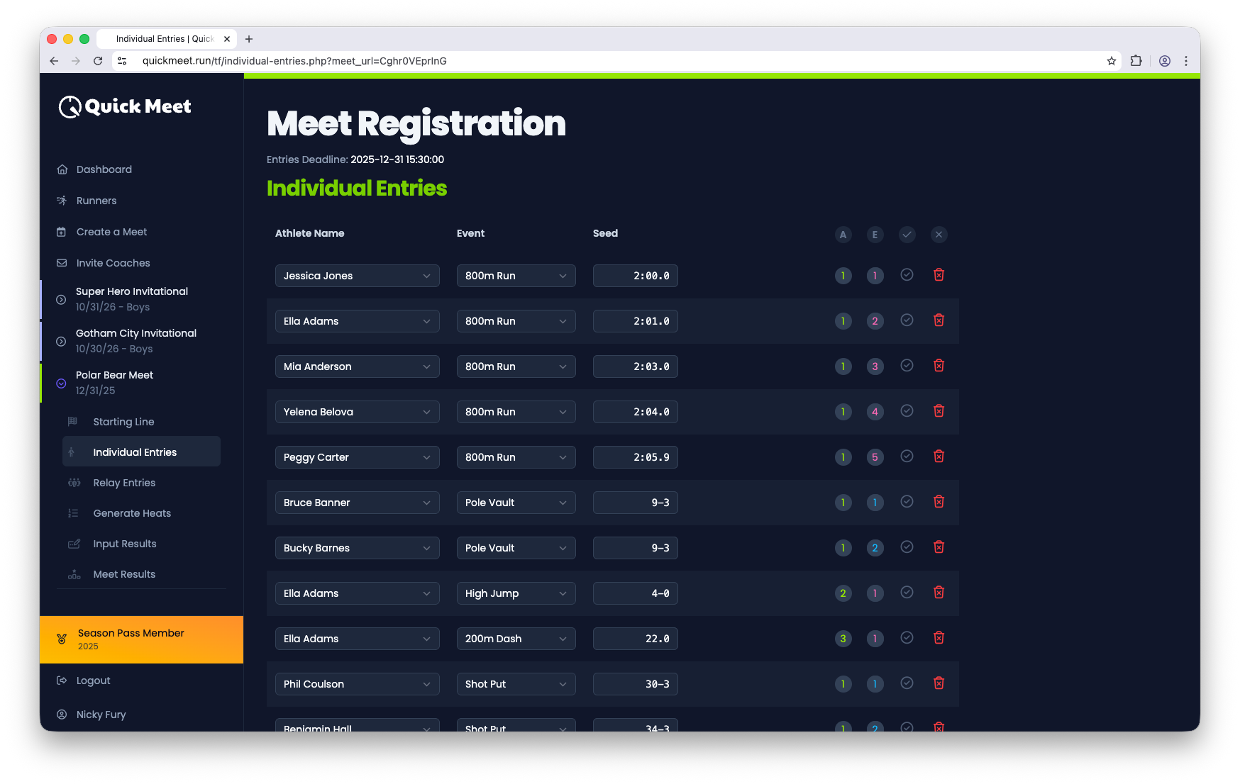 Screenshot showing individual entry interface