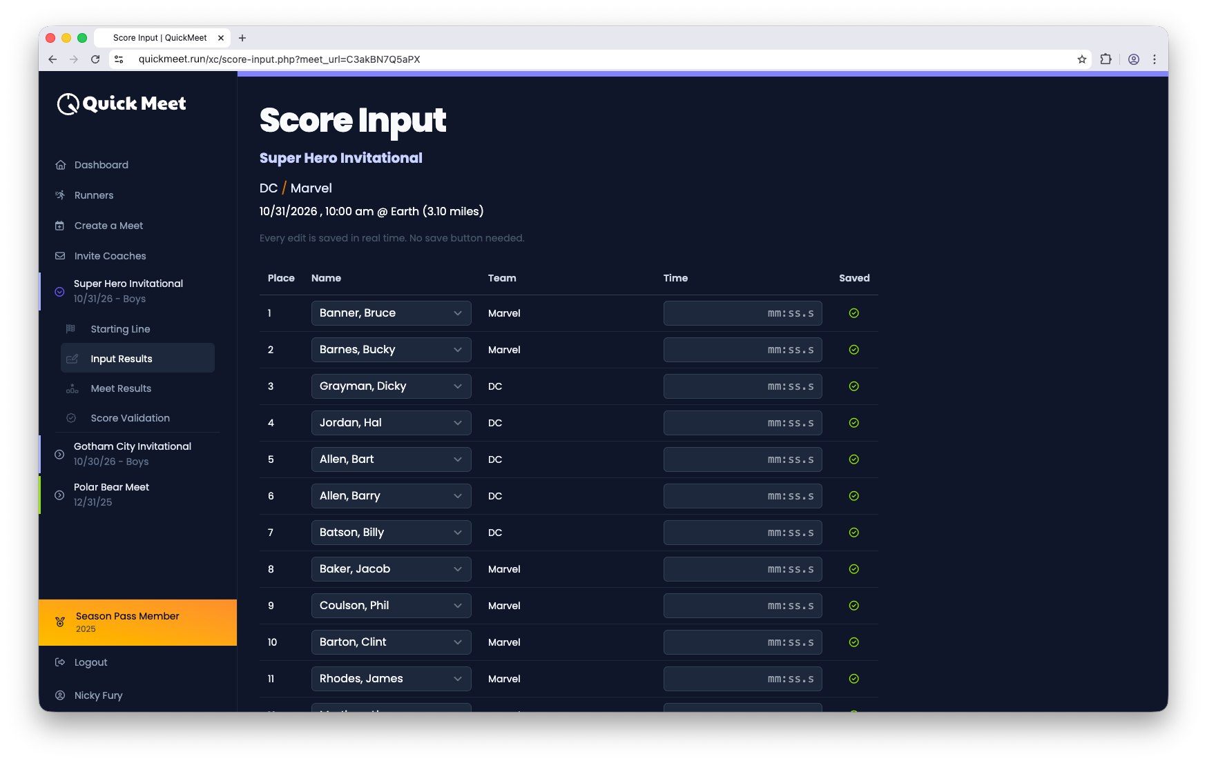 Screenshot showing result entry by name