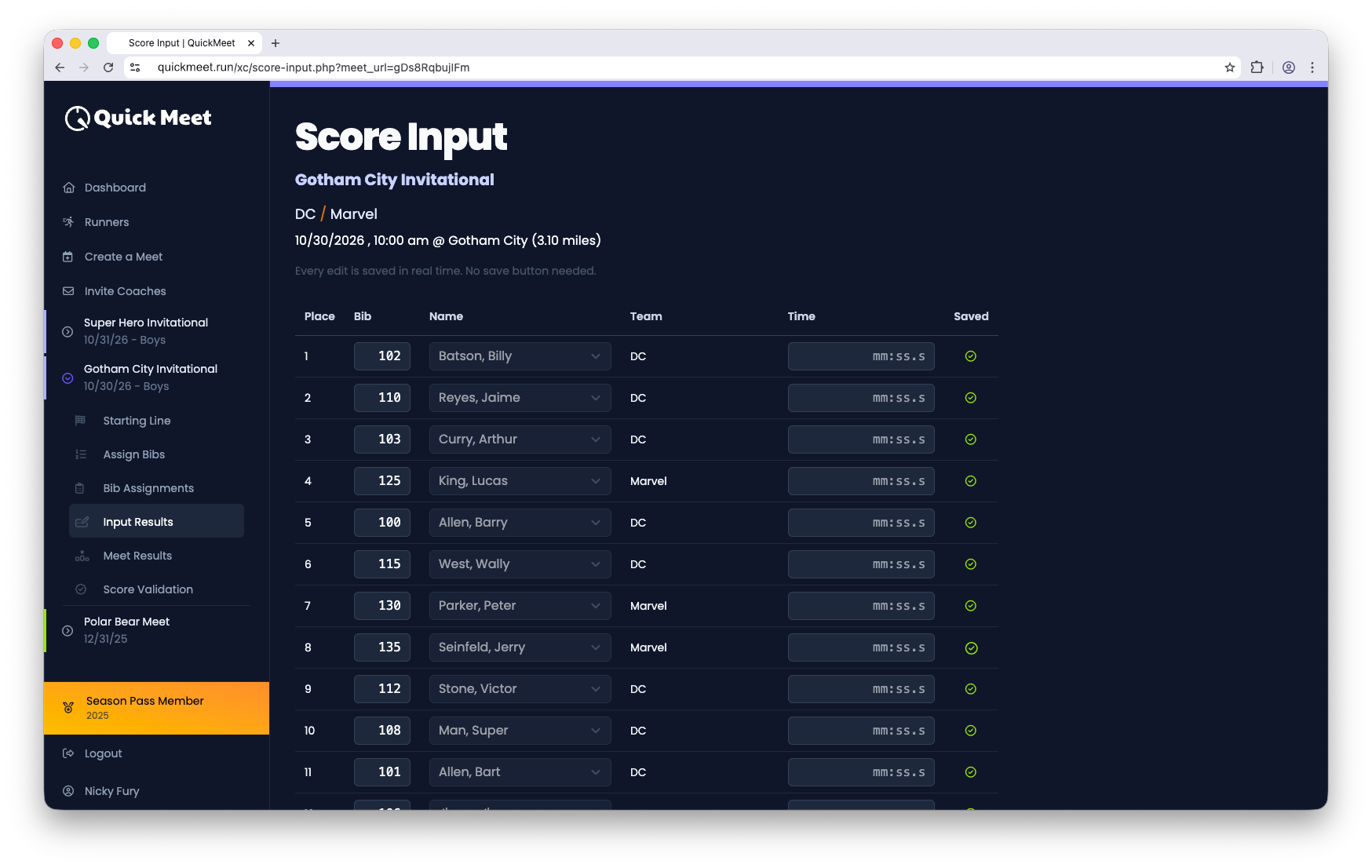 Screenshot showing result entry by bib number